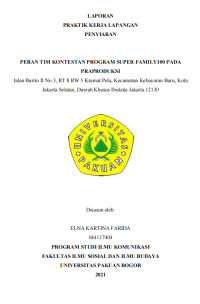 E-PKL:Peran Tim Kontestan Program Super Family100 pada Praproduksi Jalan Barito II No.3, Rt 8 Rw 5 Kramat Pela, Kecamatan Kebayoran Baru, Kota Jakarta Selatan, Daerah Khusus Ibukota Jakarta 12130