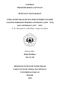 e-PKL: Etika komunitas humas perum Perhutani KPH Cianjur terhadap pekerja generasi X (1965 – 1976) dan generasi Y (1977 – 1997)Jl. Dr. Mawandi No.120B Muka, Cianjur Jawa Barat